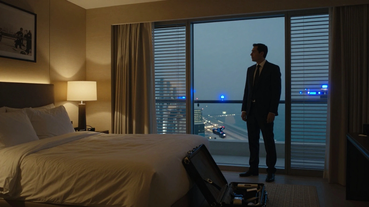 A man in a hotel suite as police lights flash outside, facing an uncertain future.