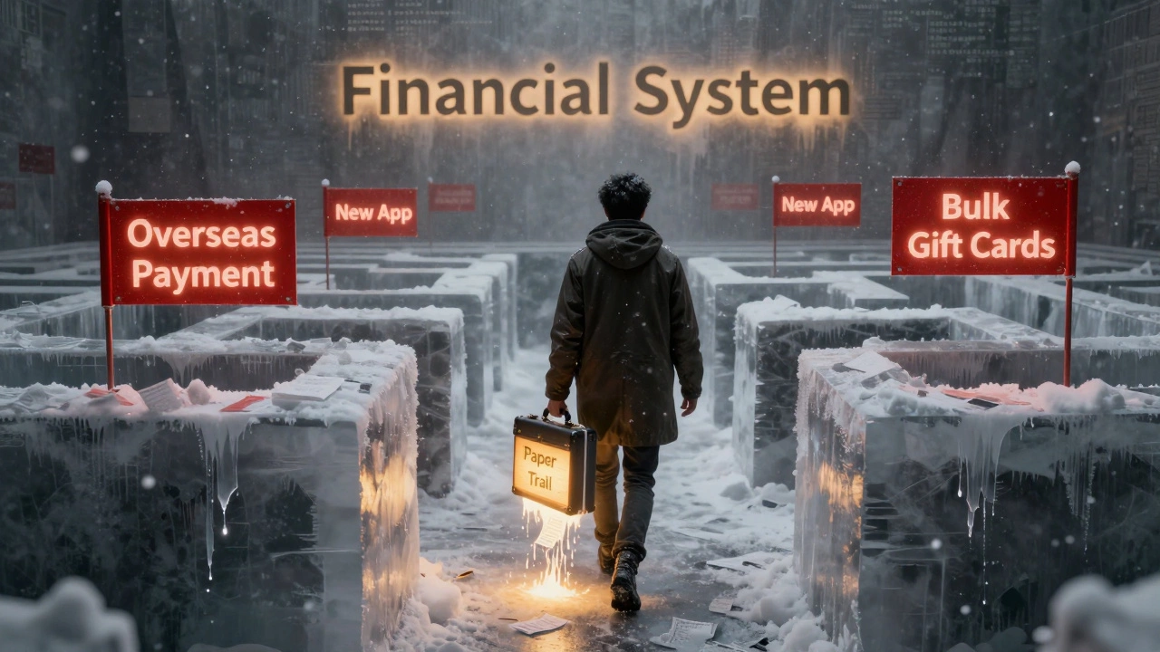 A person walks through an icy maze of financial flags, carrying a briefcase of receipts that melt the ice.