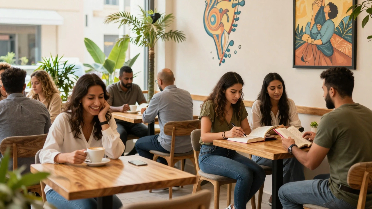Expats connecting peacefully in a sunlit Dubai café, surrounded by community and calm.