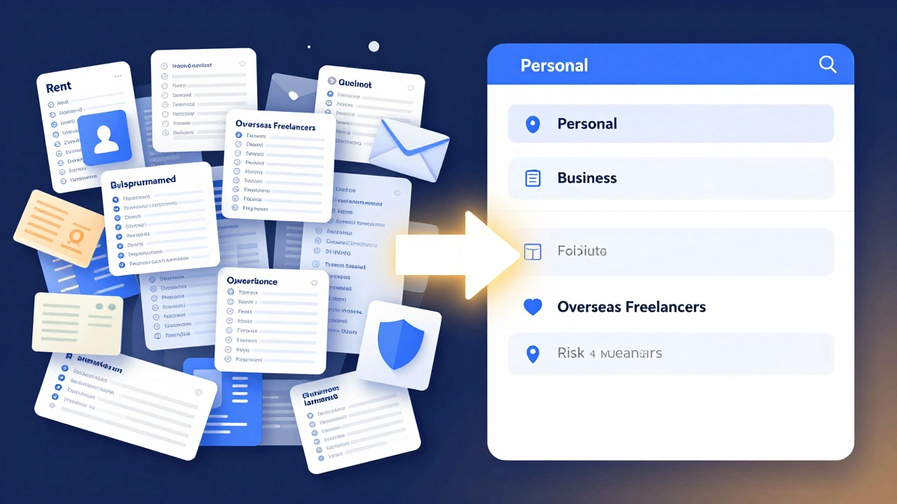 Two bank account dashboards: one chaotic, one organized with labeled transaction categories.